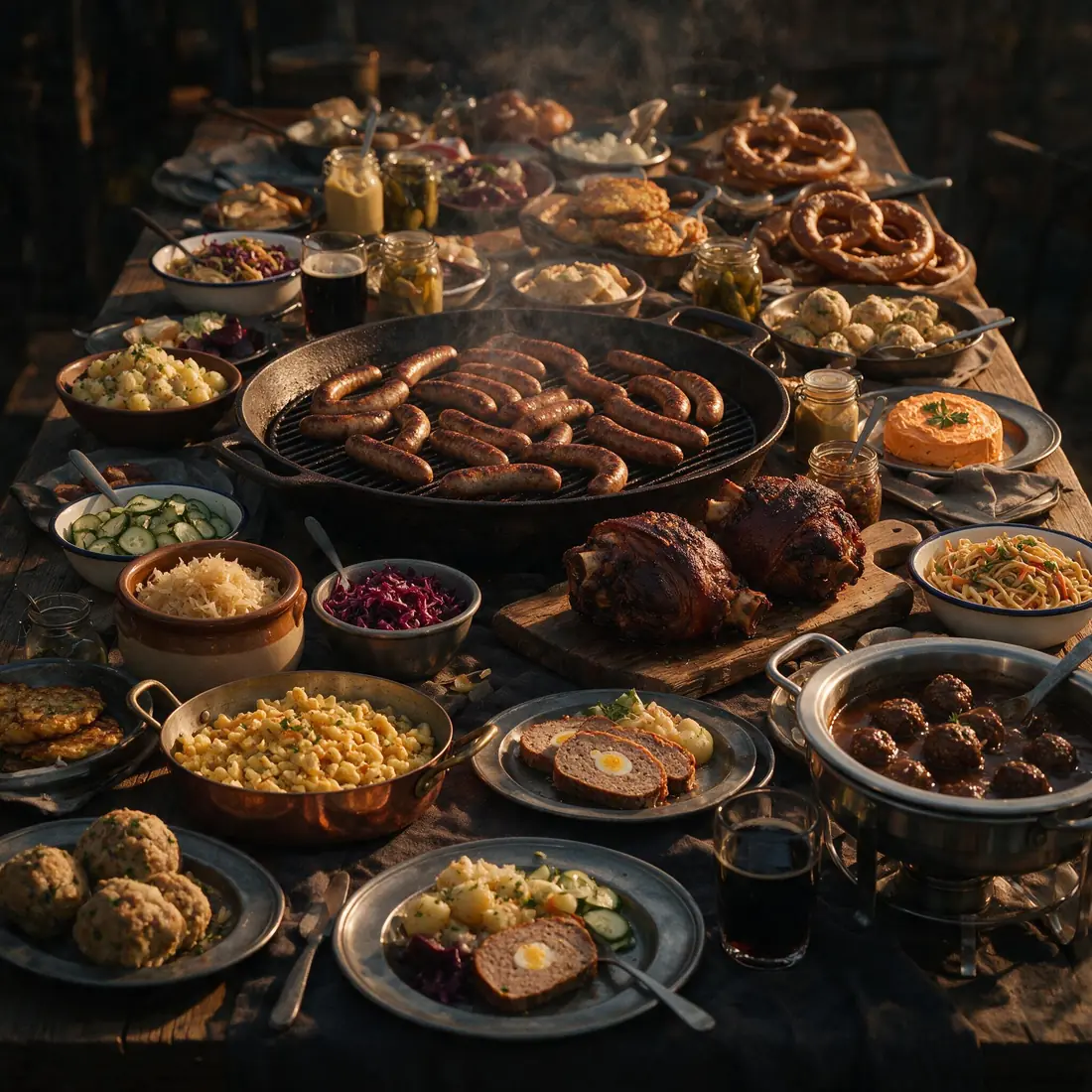Long wooden table full of food: grill with sausages, pork knuckles, cold salads, Sauerkraut, Brezeln and meatballs in sauce