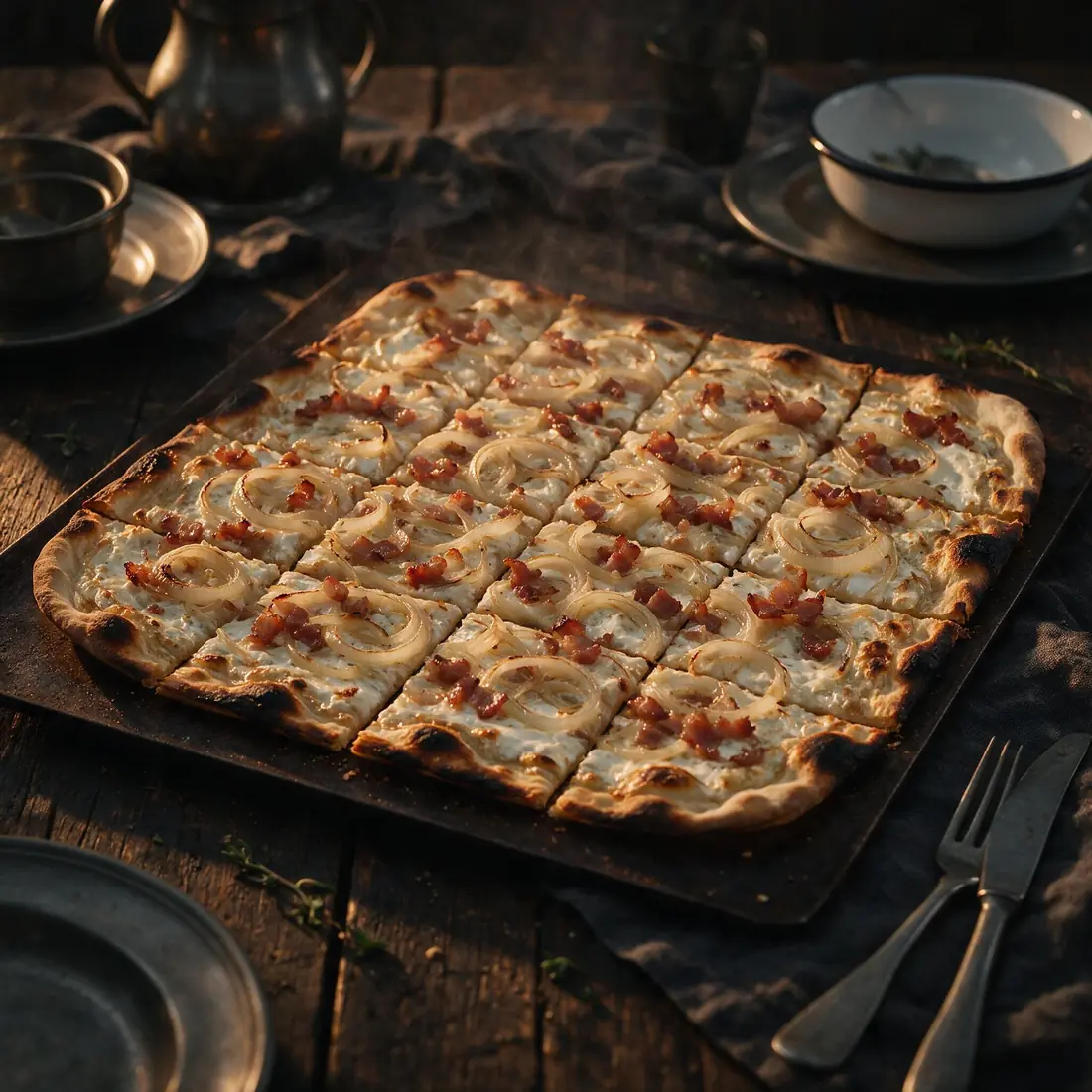 Thin tart with cream, onion and bacon, edges charred, cut into squares