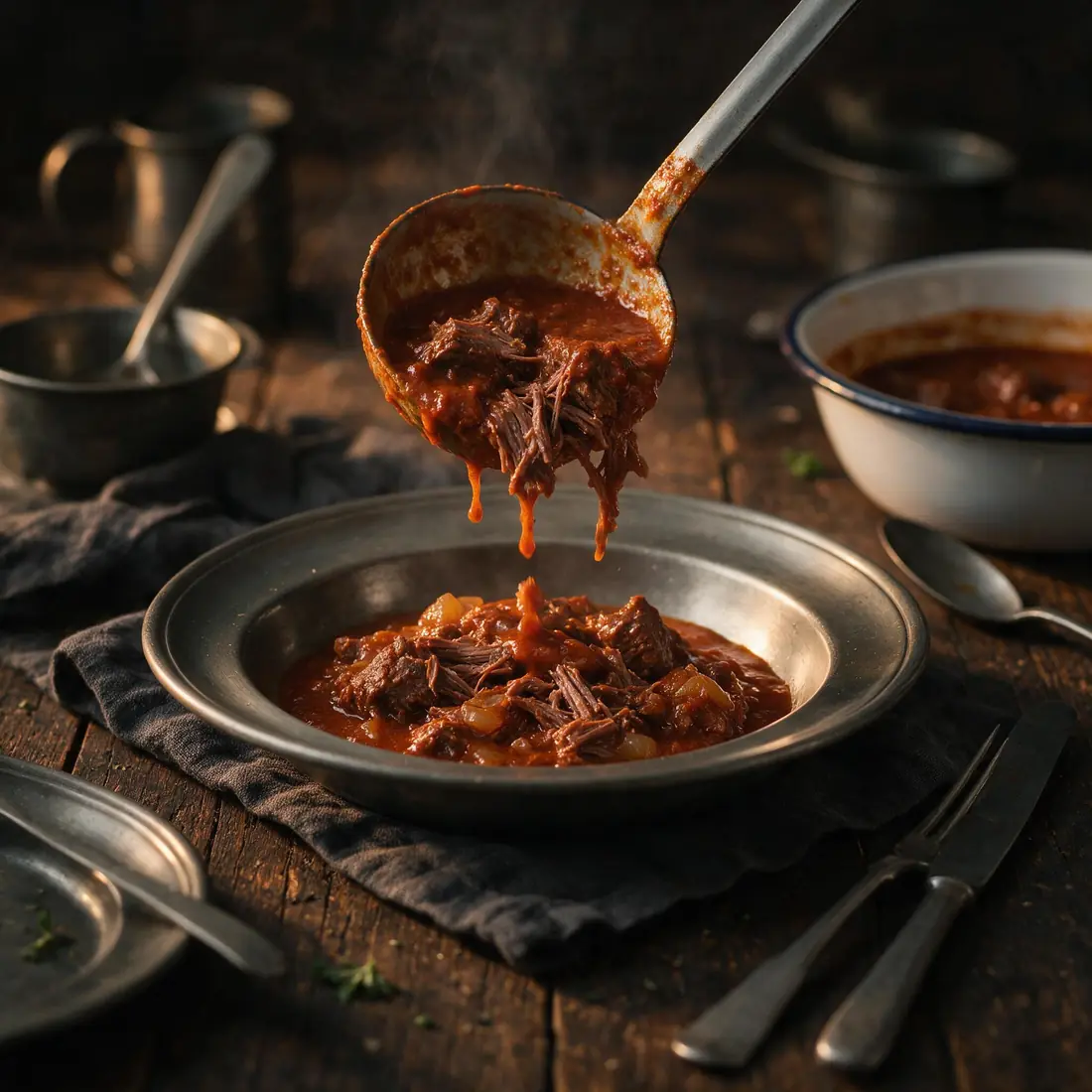 A ladle lifting strands of beef from a pot of paprika sauce
