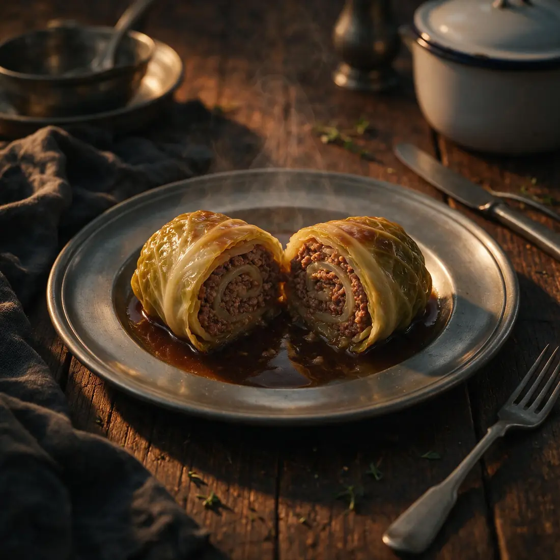 Cabbage roll cut in half, meat filling spiralled inside, dark gravy
