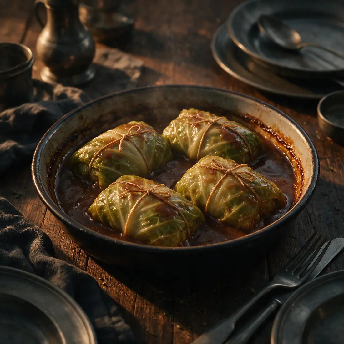 Stuffed cabbage rolls tied with thread, in a dish of dark gravy