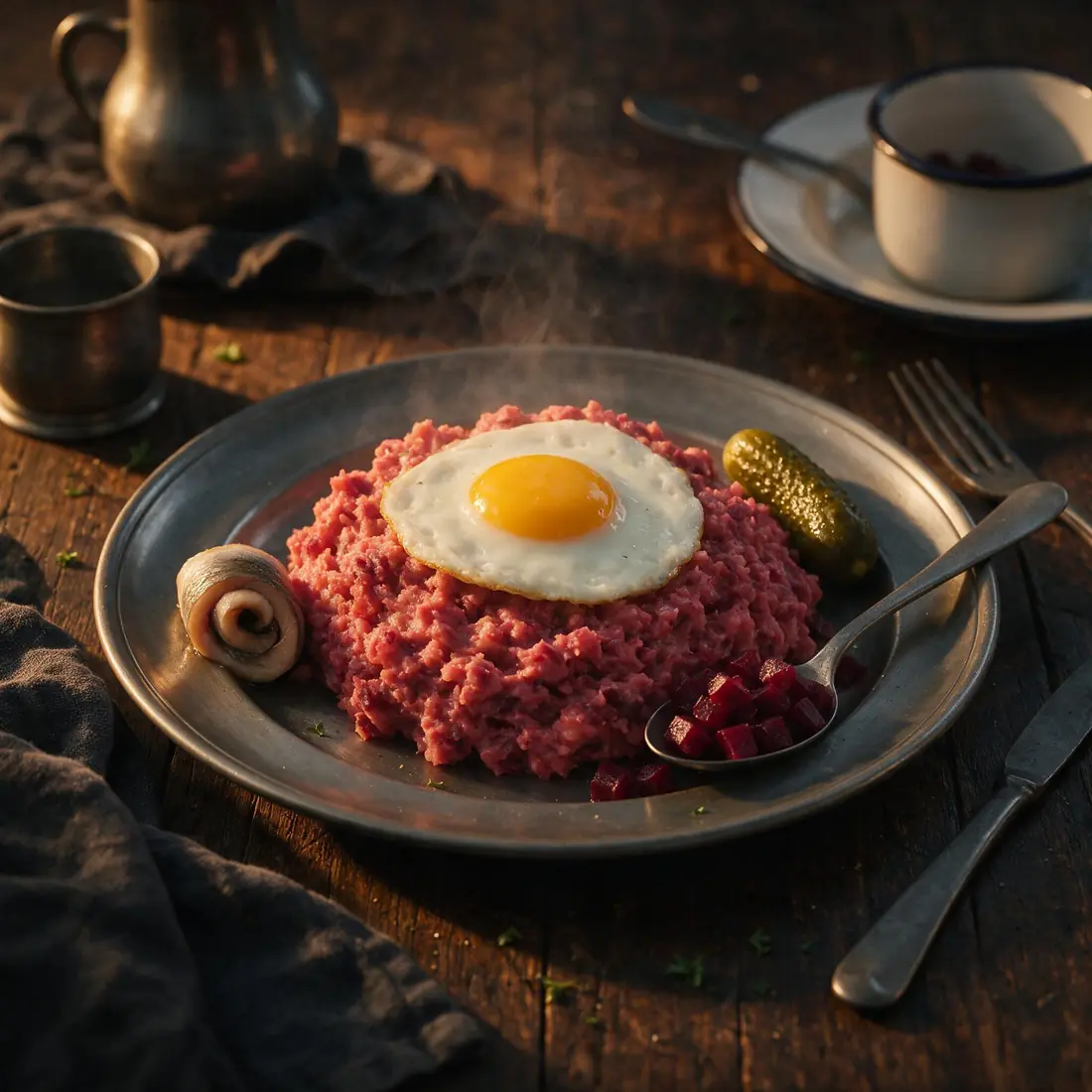 Pink salt beef and beetroot mash with a fried egg, herring and sour cucumber