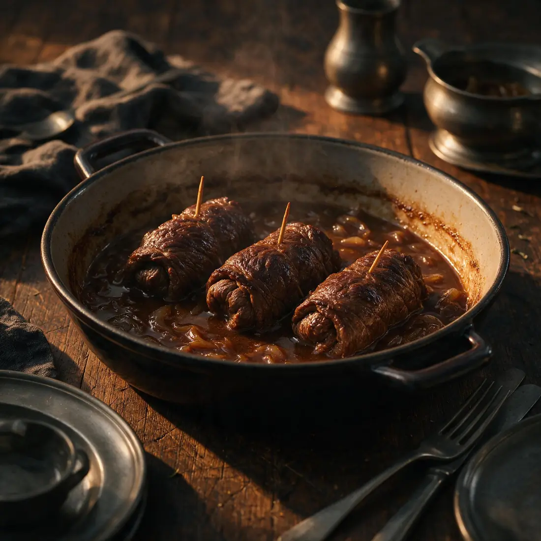 Beef rolls pinned with wooden picks, in a dish of dark gravy and onion