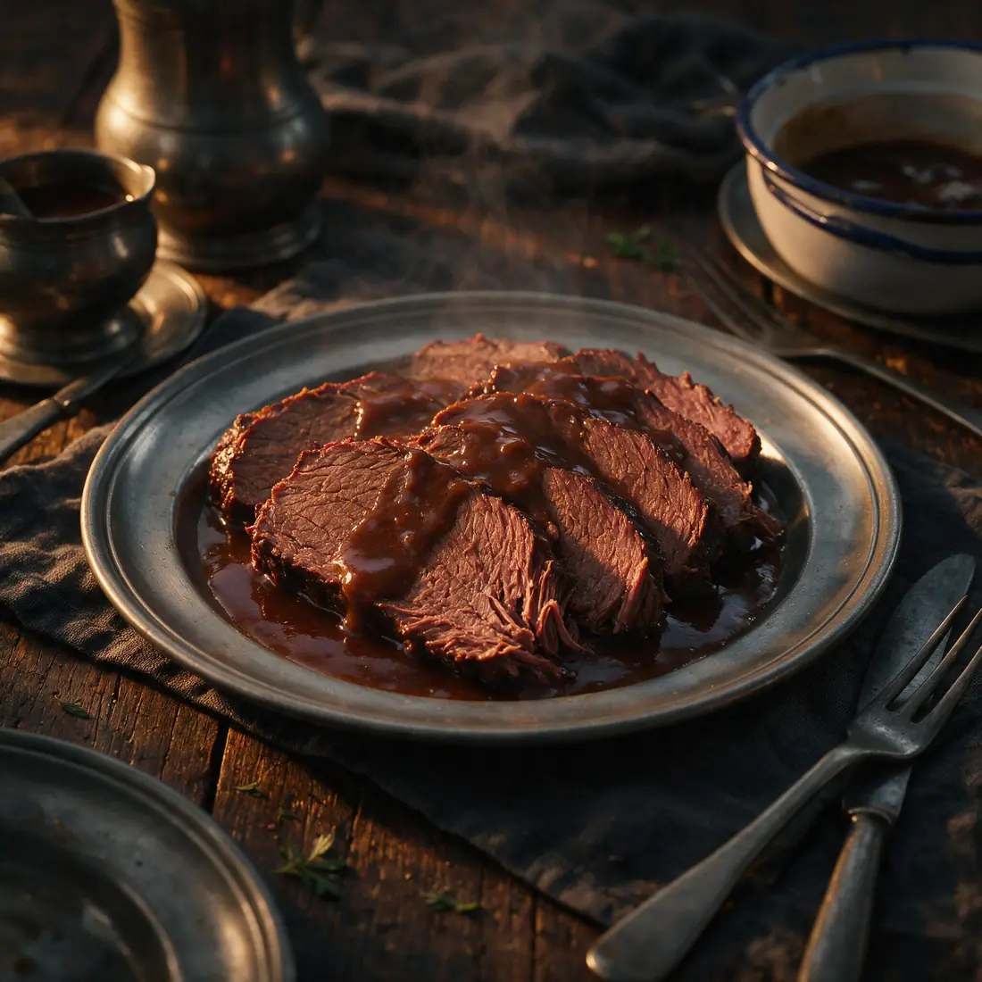 Slices of marinated beef under dark gravy on a pewter plate
